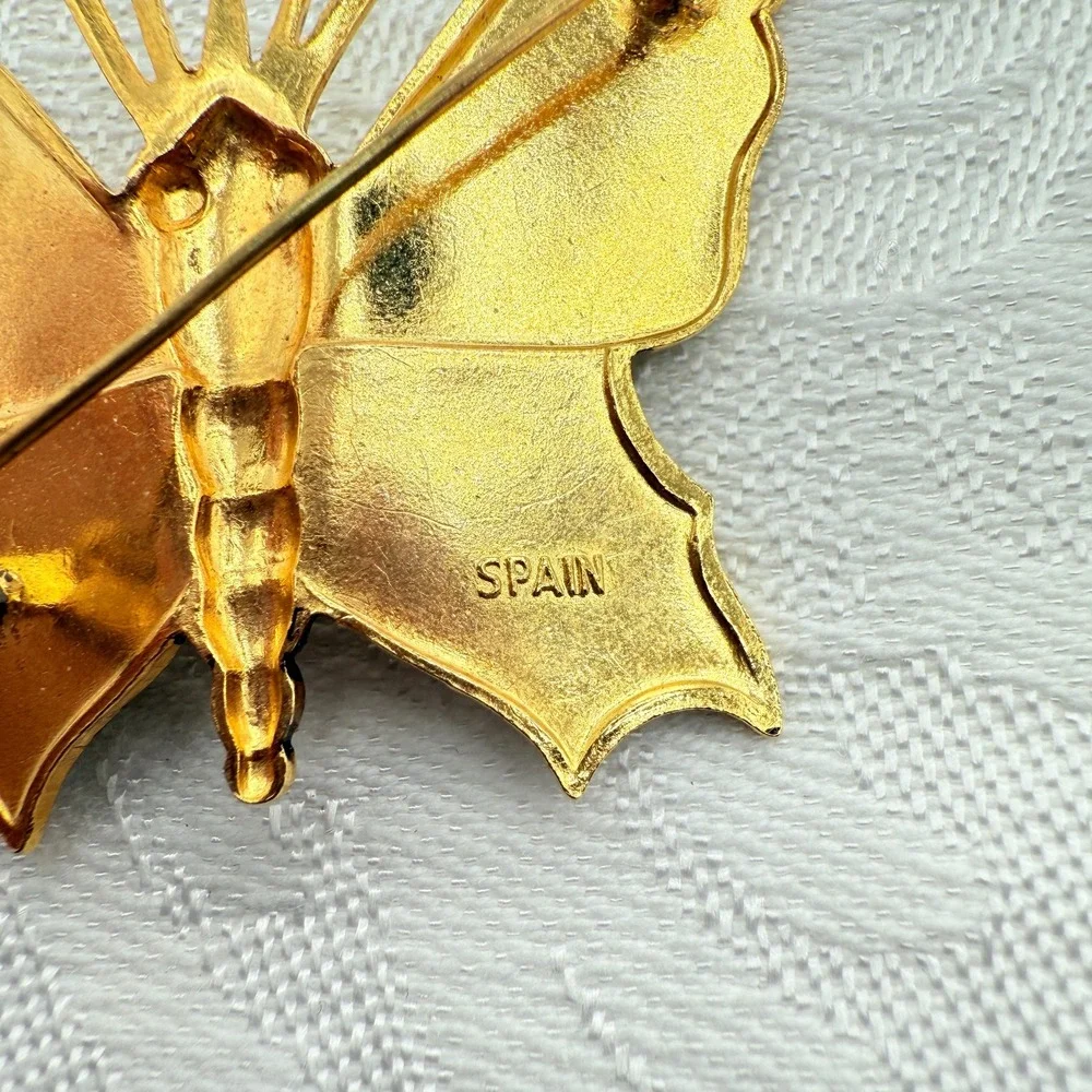 Vintage Gold Tone Damascene Style Butterfly Brooch Costume Pin | Made in Spain